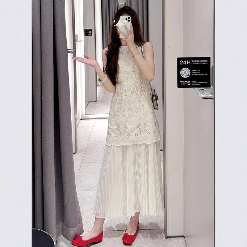 French-Style Heavy Hollow-Out Dress 2025 Spring/Summer Beautiful Faux Two-Piece White Dress Mature Style Long Dress for Women French-Style Heavy Hollow-Out Dress 2025 Spring/Summer Beautiful Faux Two-Piece White Dress Mature Style Long Dress for Women