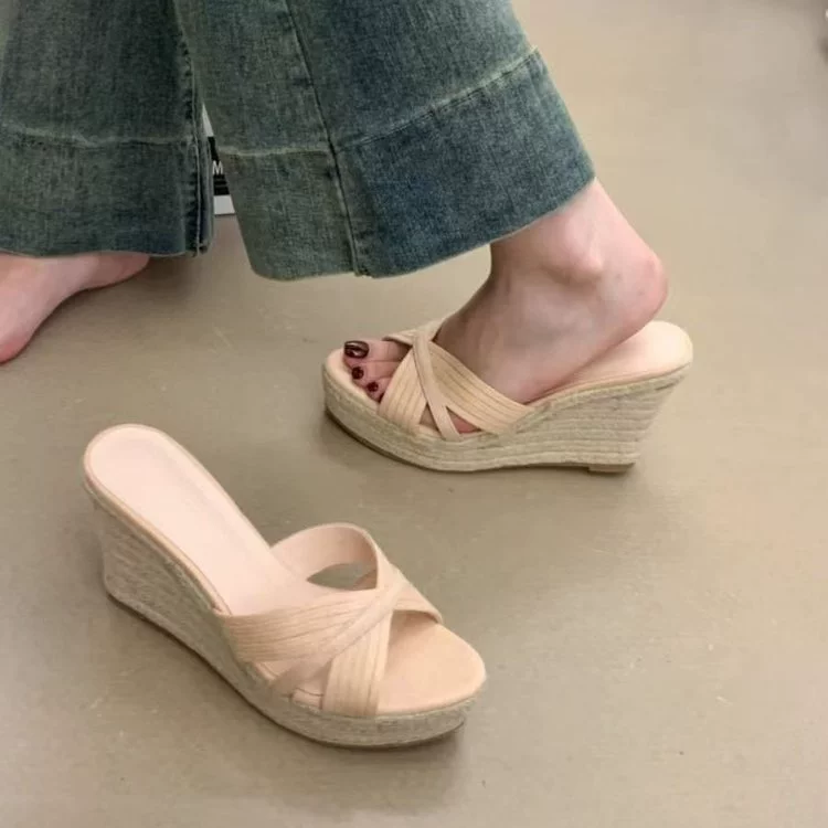 Открытые сандалии на платформе с соломенной клином, водонепроницаемые, на толстой подошве, с верхом из пеньковой веревки, пляжные сандалии для лета 2025 года