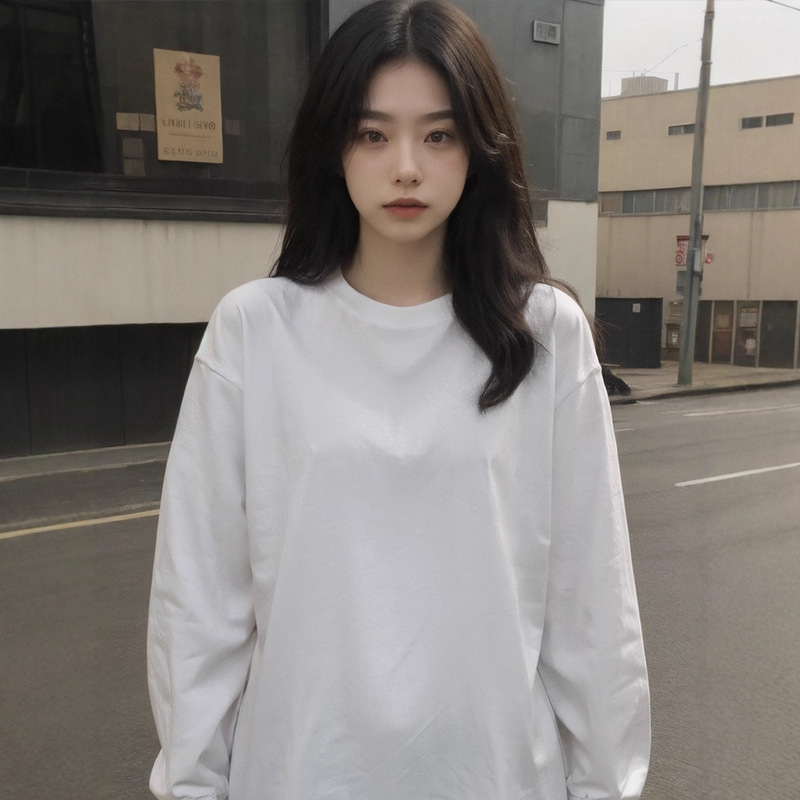 重磅圆领纯色纯棉长袖t恤女 通勤白色打底衫宽松早秋日系百搭上衣|undefined