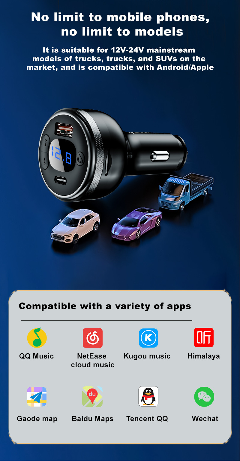 Cross-Border Bluetooth 5.0 Car Mobile Phone Charger Super Fast Charging Digital Display Mp3 Player USB Flash Drive Call Car Charger