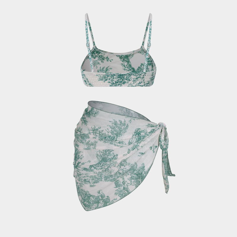 Women's Split Bikini Three-piece Swimsuit Floral Beach Wrap Set_voghion.com