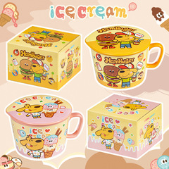 Keir陶磁器のカップラーメンの碗の蓋が付いているかわいい漫画の寮の大きい碗のカップラーメンの杯の朝食の碗のスープの碗の食器