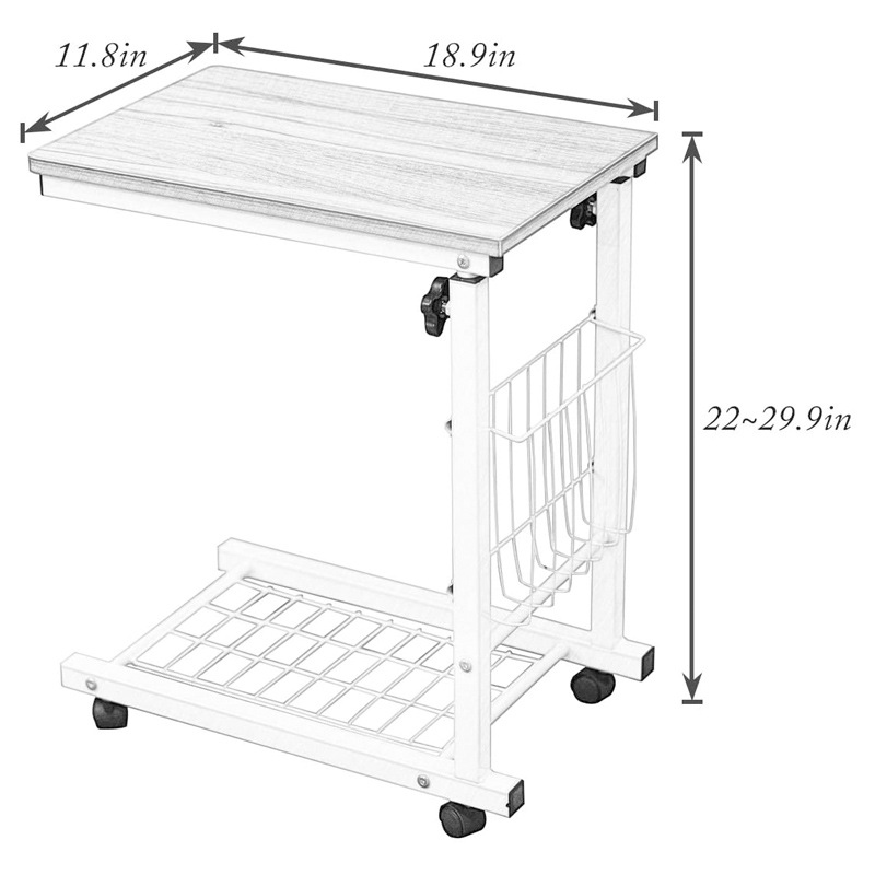 带储物篮的C形移动电脑桌 带轮子的超高可调侧桌 可移动升降边几