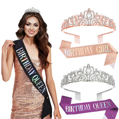 European and American Fashion Crystal Crown Belt Ceremony Belt Birthday Headwear Crown Birthday Girl Ribbon Wholesale