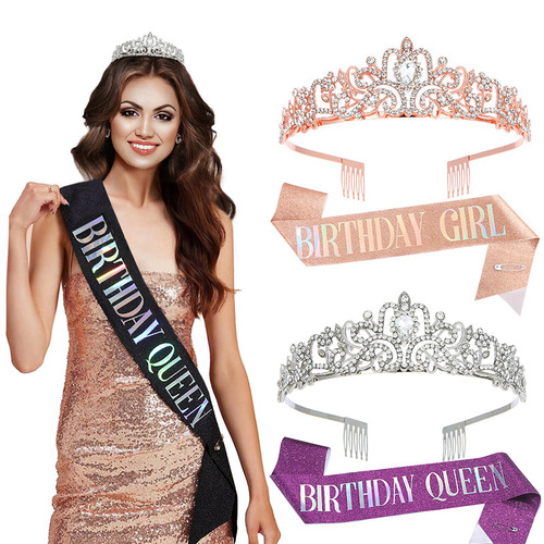 European and American Fashion Crystal Crown Belt Ceremony Belt Birthday Headwear Crown Birthday Girl Ribbon Wholesale