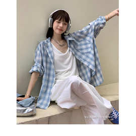 蓝白格子衬衫外套女2025春夏季新款慵懒风气质防晒衬衣上衣潮