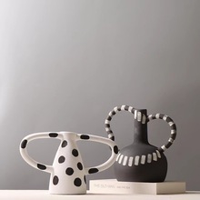 现代简约陶瓷摆件创意黑白拼色波点手绘插花装饰品样板房居家饰品