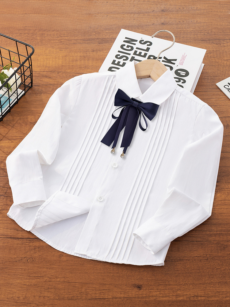 Camisa blanca para niños Camisa de manga larga de primavera y otoño para niñas Escuela primaria Cuello redondo Camisa blanca para el campus