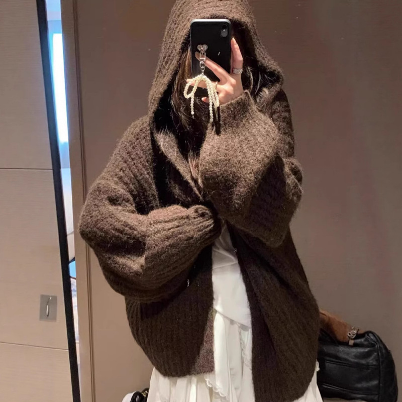 连帽毛衣外套女秋冬季新款高级感软糯百搭加厚宽松慵懒风针织开衫|undefined