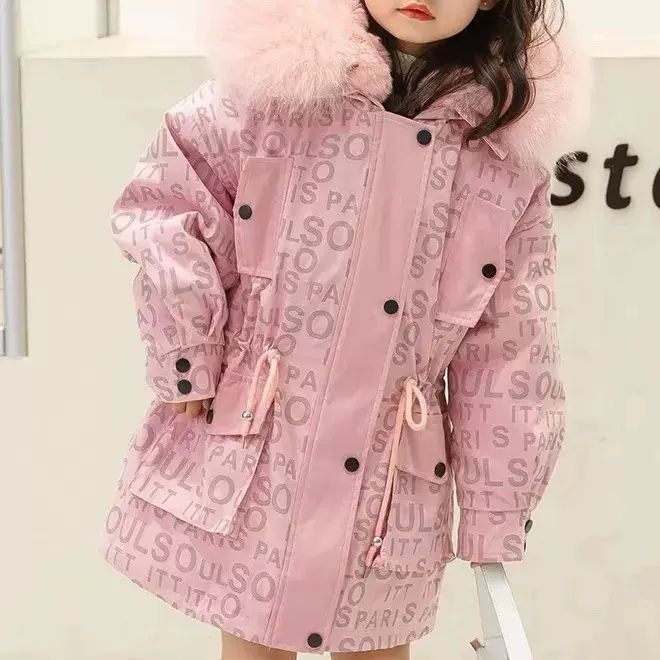 夜间反光真毛女童皮草外套男童中长款保暖棉衣儿童派克服
