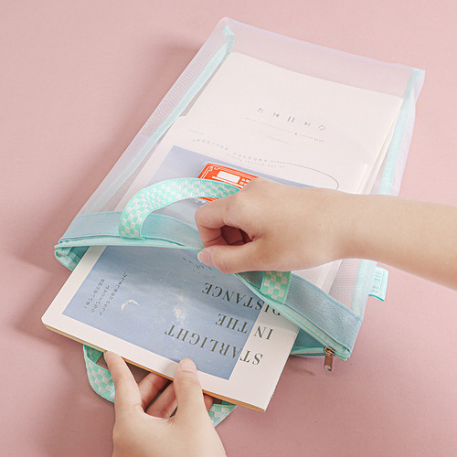 Portable tutoring bag, primary and secondary school student subject bag, book bag, large capacity zipper, transparent nylon mesh subject classification