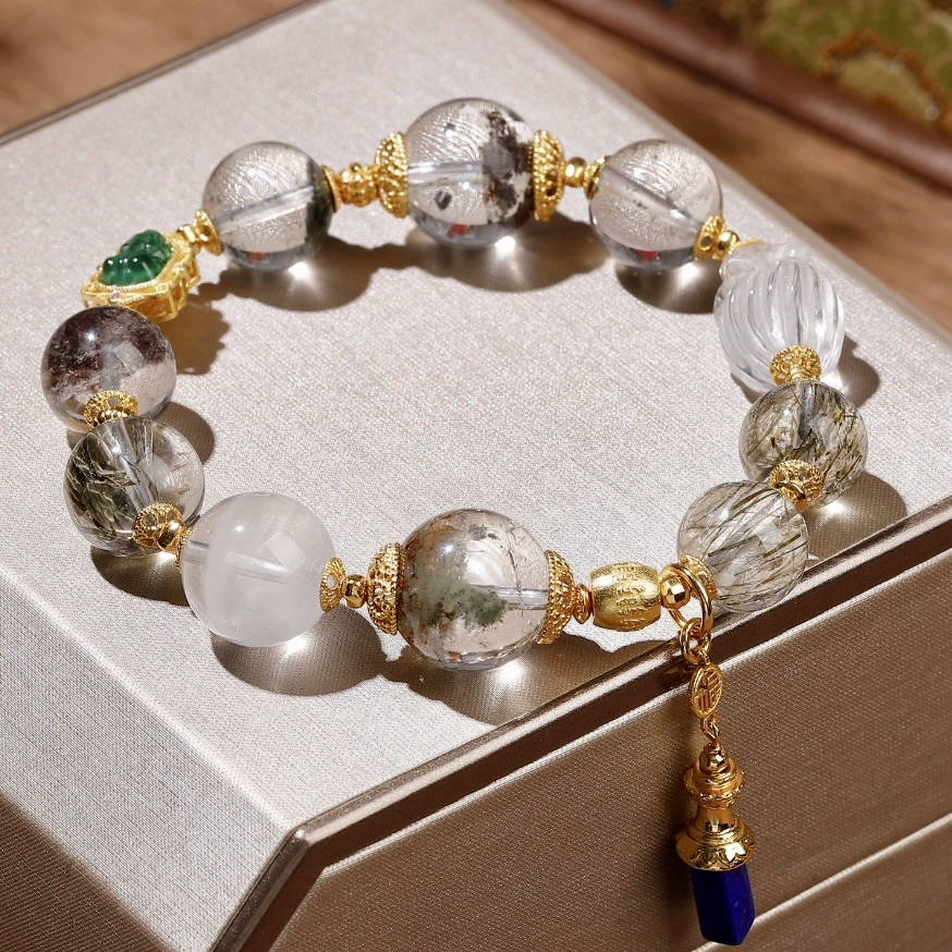 Organic ghost crystal bracelet, emerald white crystal