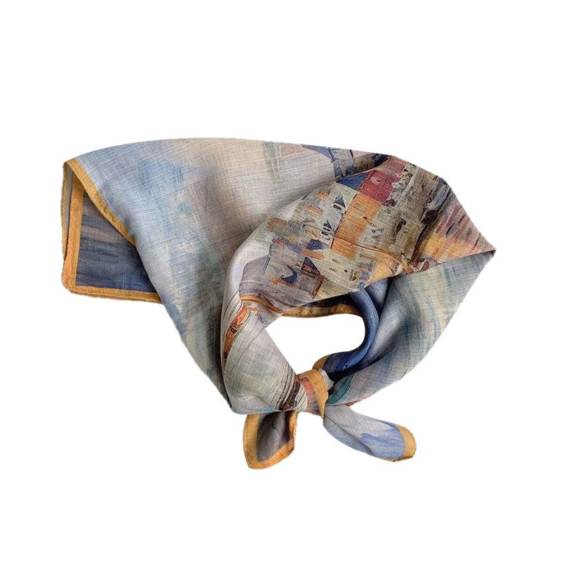 Elegant Silk And Linen Square Scarf With White Rose Pattern Design_voghion.com