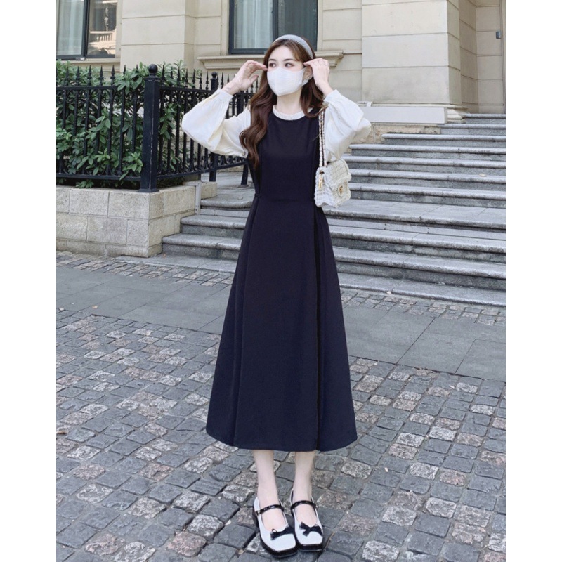 赫本风初秋气质连衣裙假两件甜美温柔法式圆领茶歇黑色长裙高级感