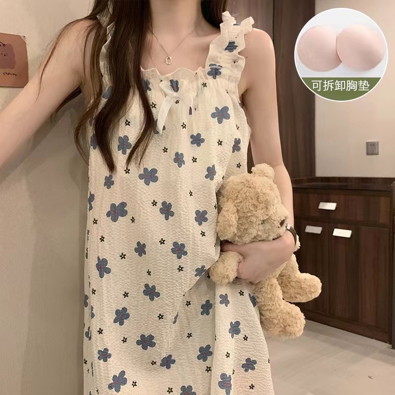 2024 verano colga cojín de pecho pijama niñas lindas dulces cómodas burbujas tela arrugada vestido de dormir ropa de mujer para el hogar