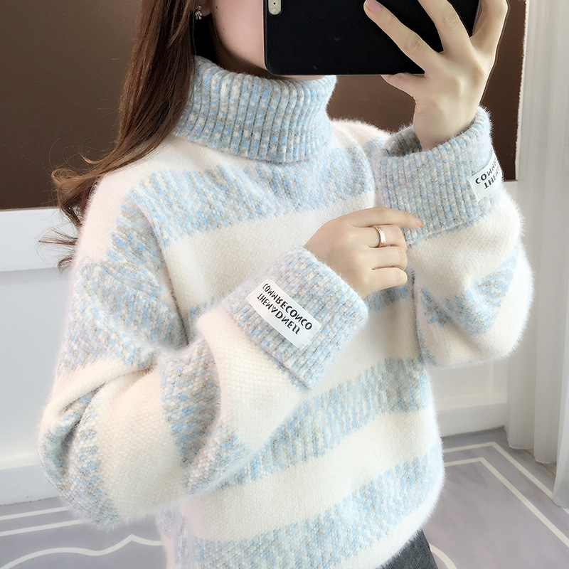 Suéter de las mujeres espesado invierno 2024 nuevo Otoño y ropa de invierno de cuello alto a rayas visón terciopelo top de punto camisa de fondo