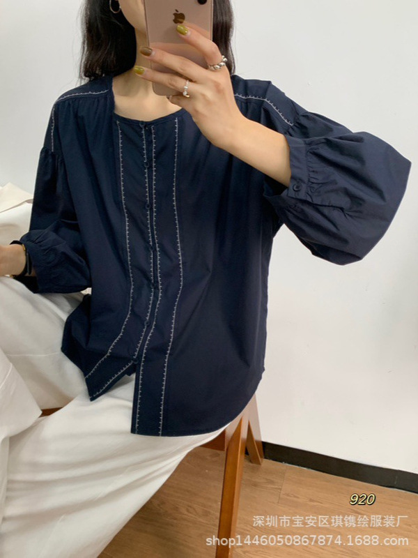 琪镌绘制早秋款圆领七分袖门禁刺绣百搭衬衫女打底衫休闲衬衣920|undefined
