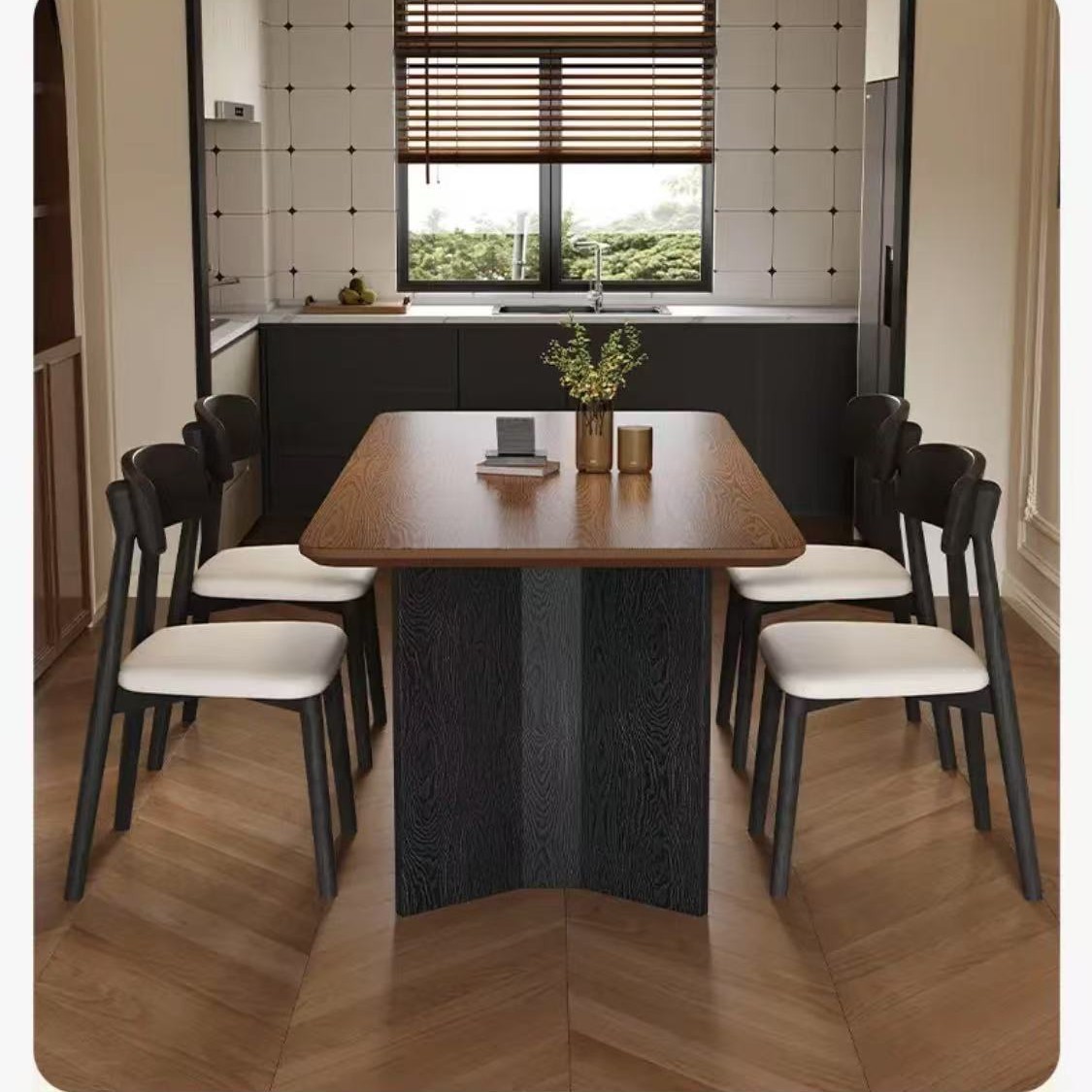 Mesa y silla de comedor de tablero de roca de grano de madera maciza retro, hogar moderno y simple, mesa de comedor de tablero de roca de viento minimalista rectangular de apartamento pequeño