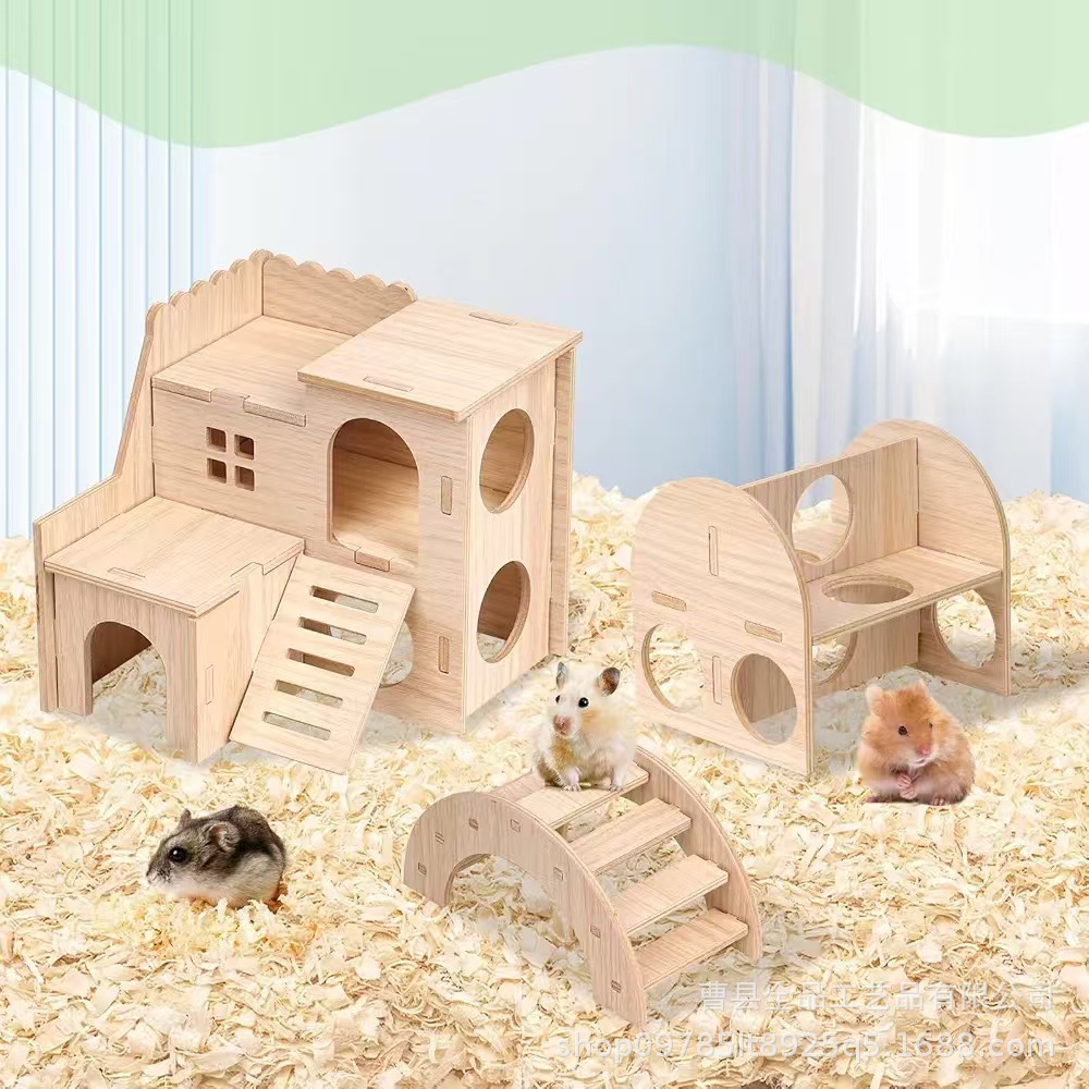 Parque de juegos de hámster de madera, combinación de nido de juguete, escalera de madera pequeña para mascotas, jaula de hámster, villa de escalera de doble capa
