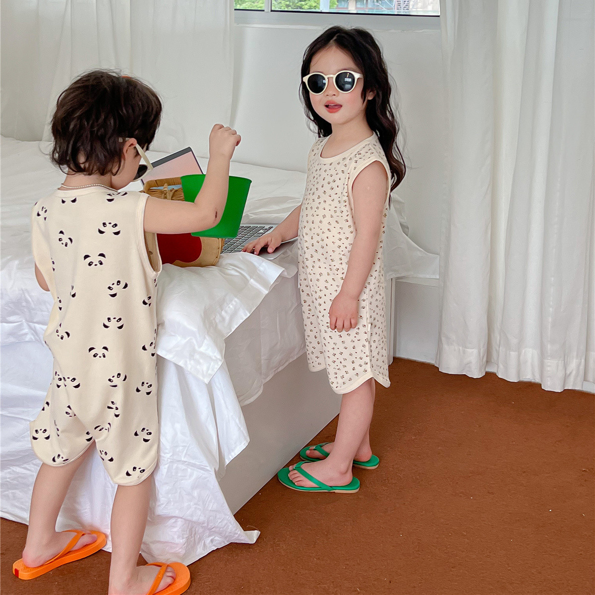 Children's Honeycomb Pajama Set 23 Summer New Small and Medium Kids One-piece Pajamas for Boys and Girls Korean Style Sleeveless Homecoming Clothes