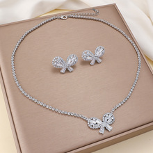 跨境套装 时尚潮流锆石耳环项链ins白色蝴蝶流清新首饰气质锁骨链