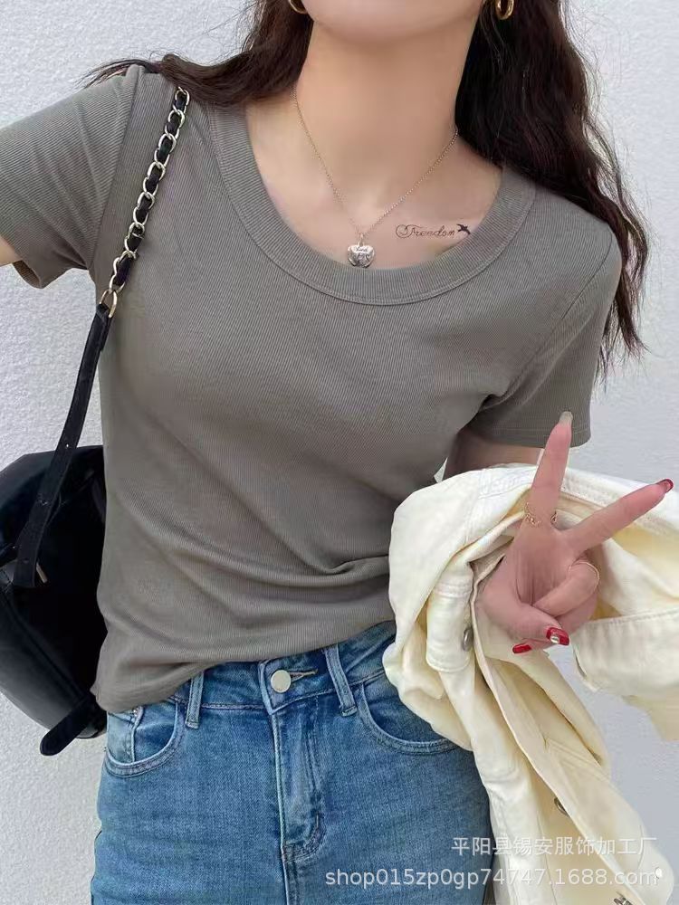 스레드 코튼 고탄성 라운드 넥 반팔 다크 그레이