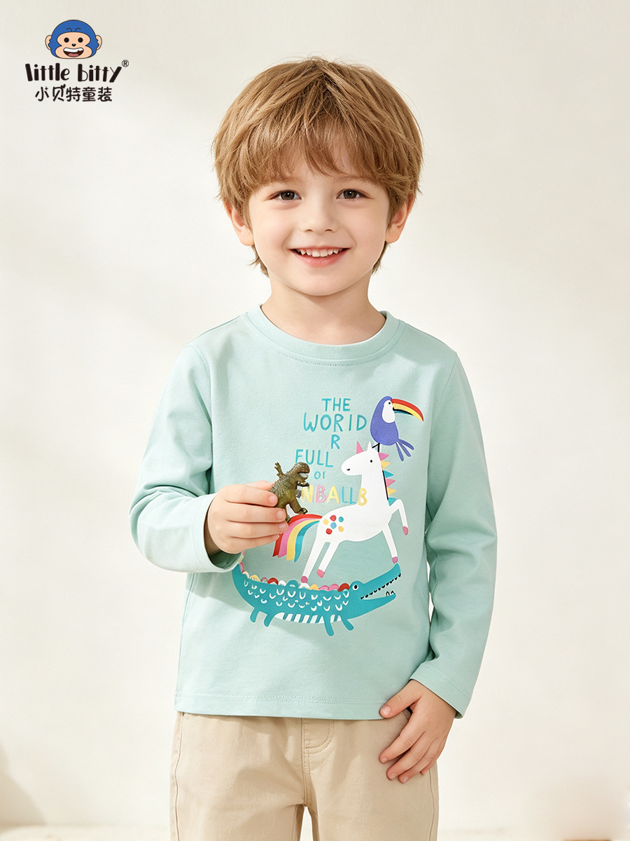 Cross-border supply 2026 children's long-sleeve T-shirt with cartoon parrot print, unisex round-neck base shirt top