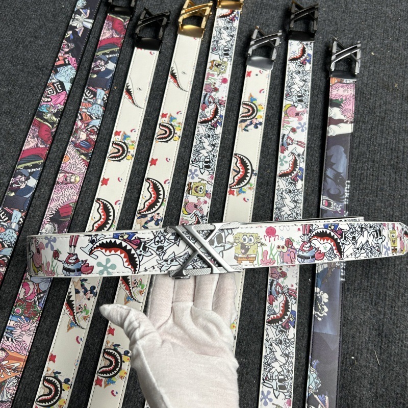 新しいメンズ本革落書き学生ベルトインターネット有名人の手紙自動バックルベルトファッショントレンド多用途ジーンズ|undefined