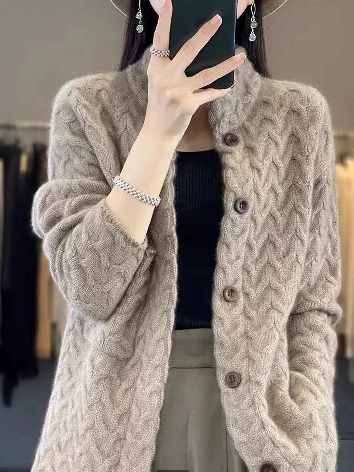 Cardigan, solid woolen long-sleeve, sweater, jacket, autumn, increased thickness, oversize