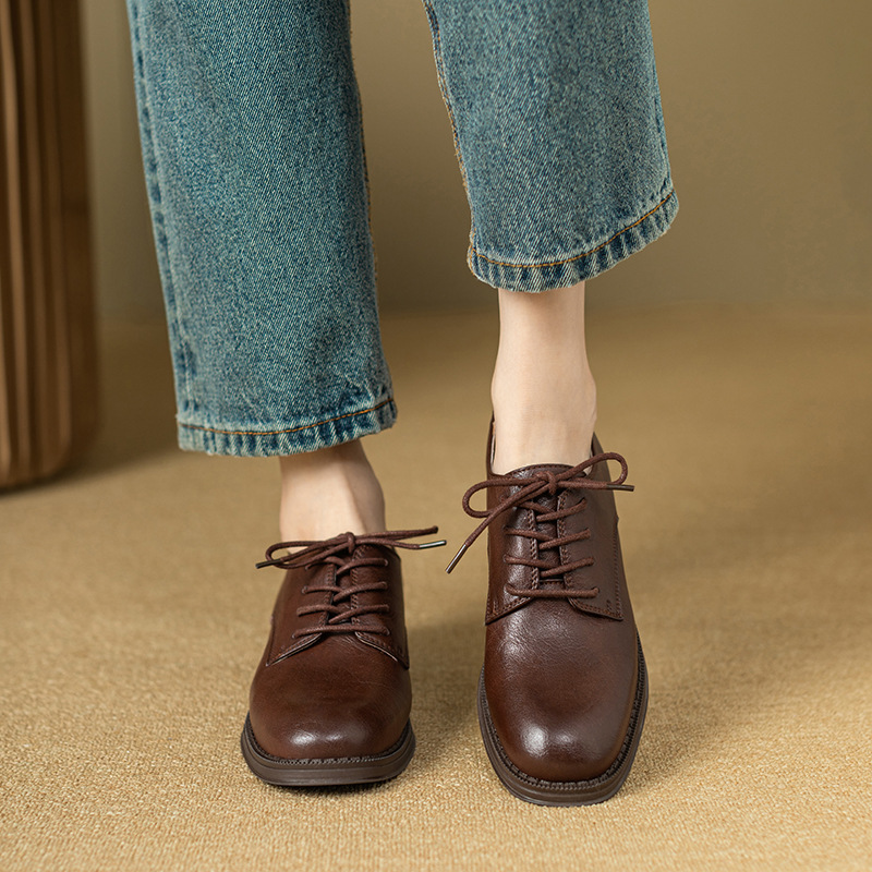 New British Style Round Toe Leather Shoes Women