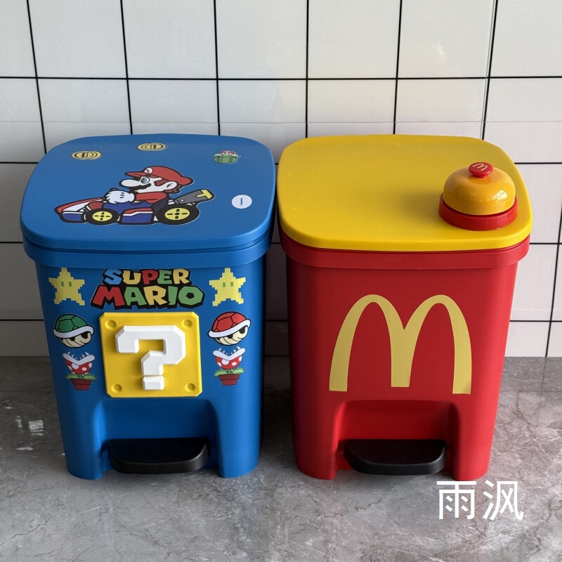 New Mario-themed cute trash can for living room, bedroom, high aesthetic value, large capacity, with foot pedal and lid, suitable for toilet and kitchen