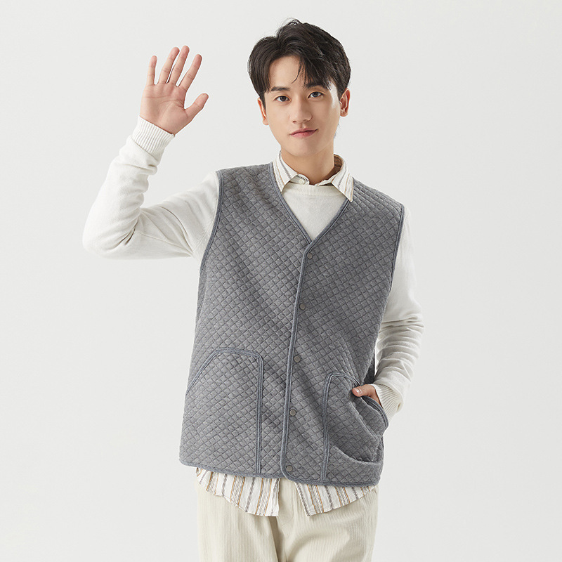 Men's Casual Spring & Fall Thin and Warm Youth Students' Enlarged Knitted Cotton Vest Flap Pocket Pants Short Vest 95365