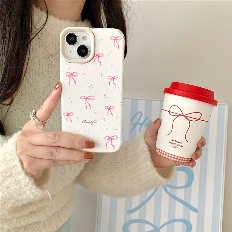 Pink Floral Ribbon Bow Suitable for Apple 17 Mobile Phone Case 16Promax New Iphone14 Autumn and Winter 13