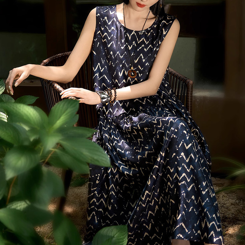 French-Style Elegant Silk Twill Long Dress, Mulberry Silk Plaid Print Round Neck Sleeveless Tank Dress for Women