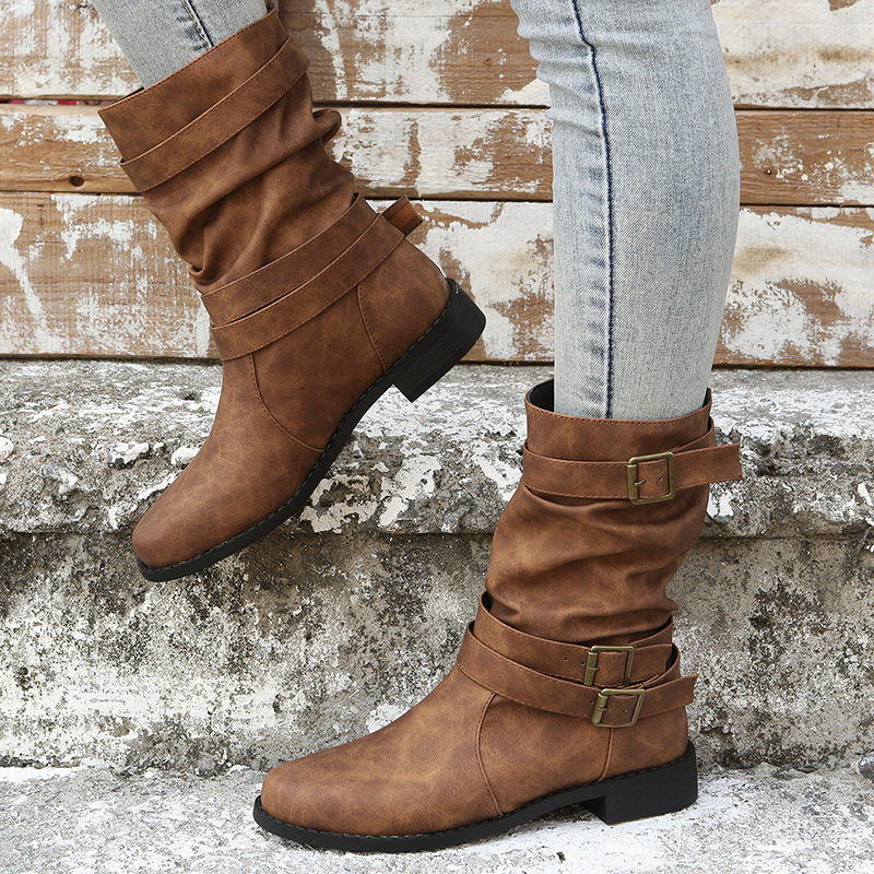 Cross-border foreign trade boots women's 2023 autumn and winter new boots women's round head flat bottom women's plus size boots