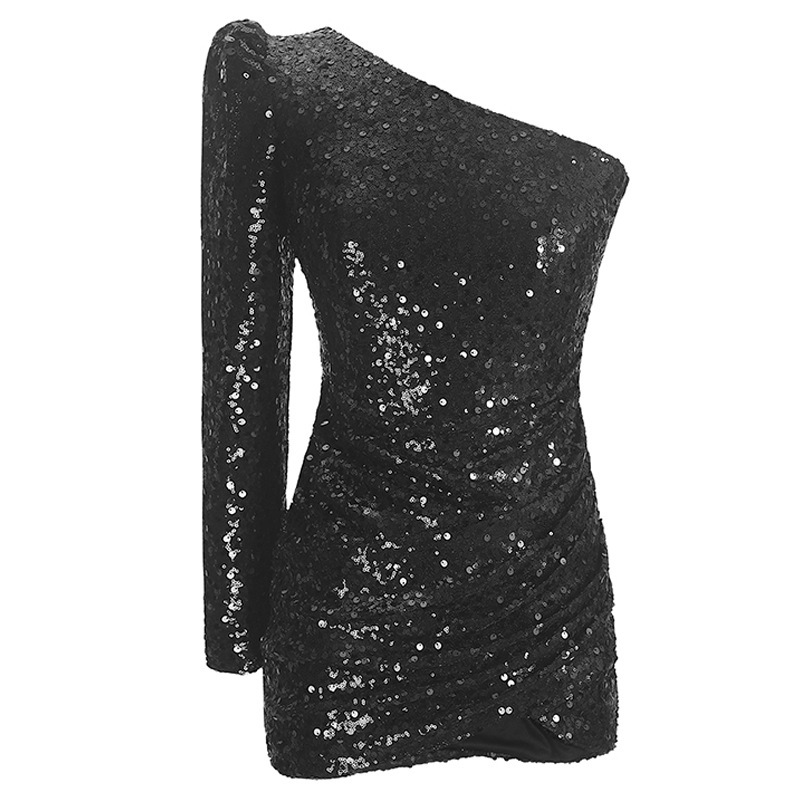 Abito formale da donna aderente con paillettes, monospalla e maniche lunghe, stile europeo e americano, nuova collezione primavera 2026._voghion.com