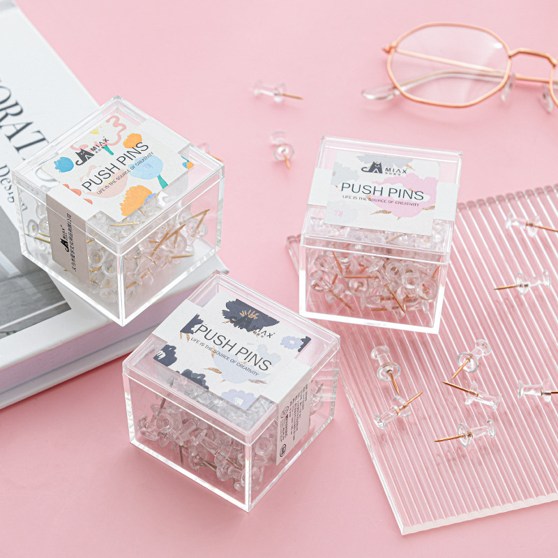 Rose Gold Transparent Lettering Pin Box 70 Pieces Electroplated Art Pins Soft Board Photo Wall Plastic Push Pins
