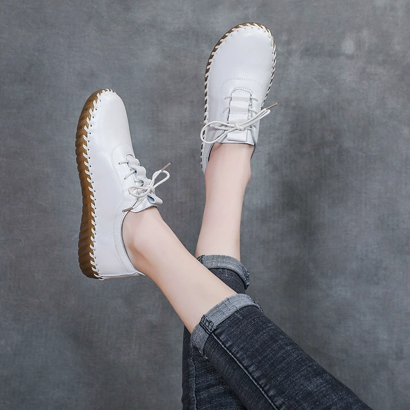 Новинка весны 2021, сшитые вручную женские туфли на плоской подошве, обувь для мам из воловьей кожи первого слоя, туфли на мягкой подошве со шнуровкой, туфли на плоской подошве из натуральной кожи