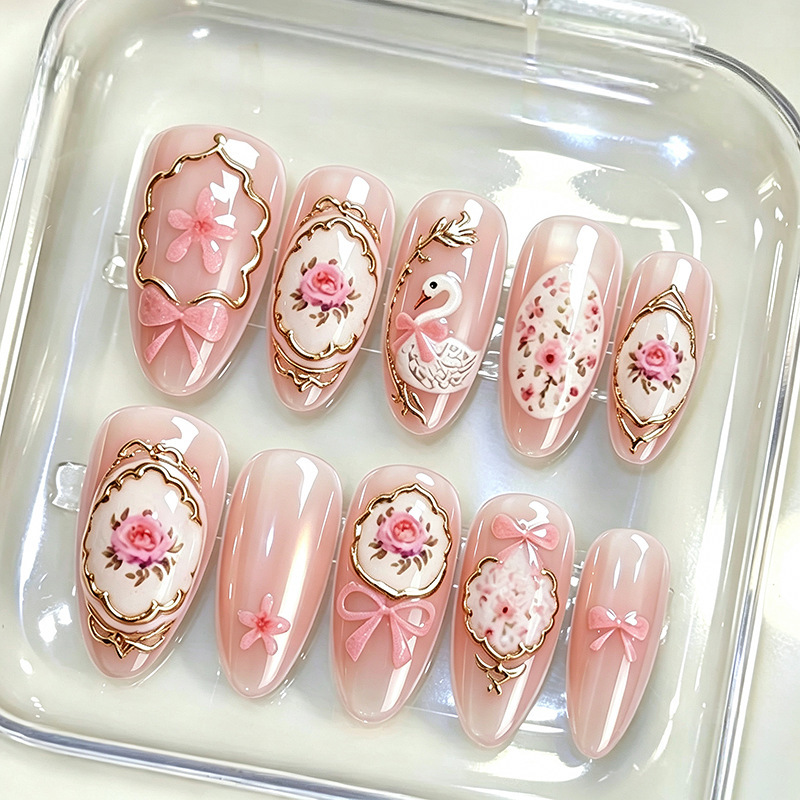 30 pieces of palace-style royal swan press-on nails with rose gold edges, cat-eye nail tips, semi-handmade finished nail pieces