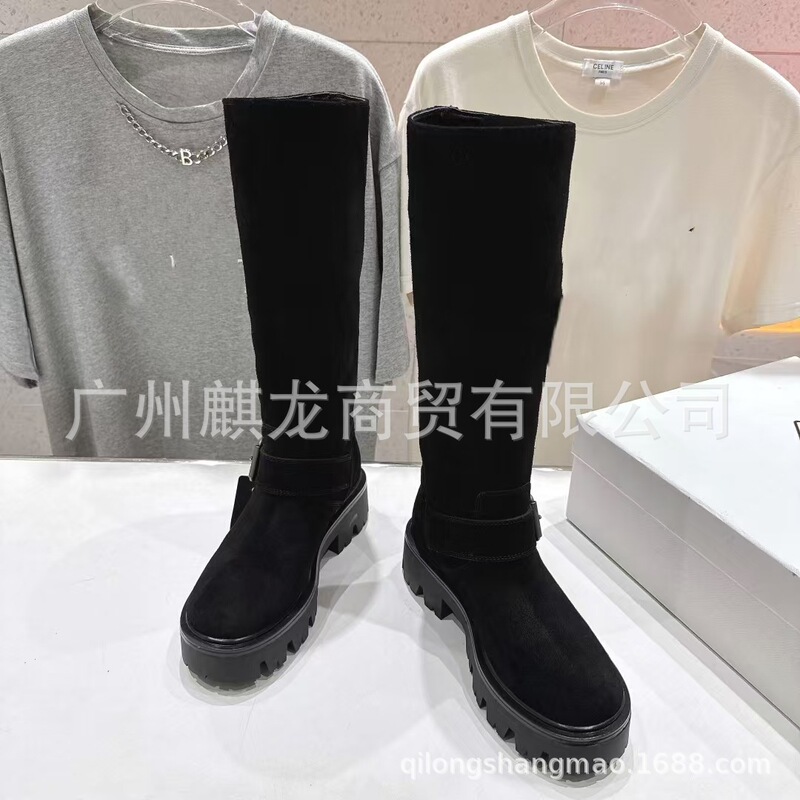 高端2025秋冬三角扣磨砂真皮圆头复古厚底增高显瘦高筒骑士靴长靴|undefined