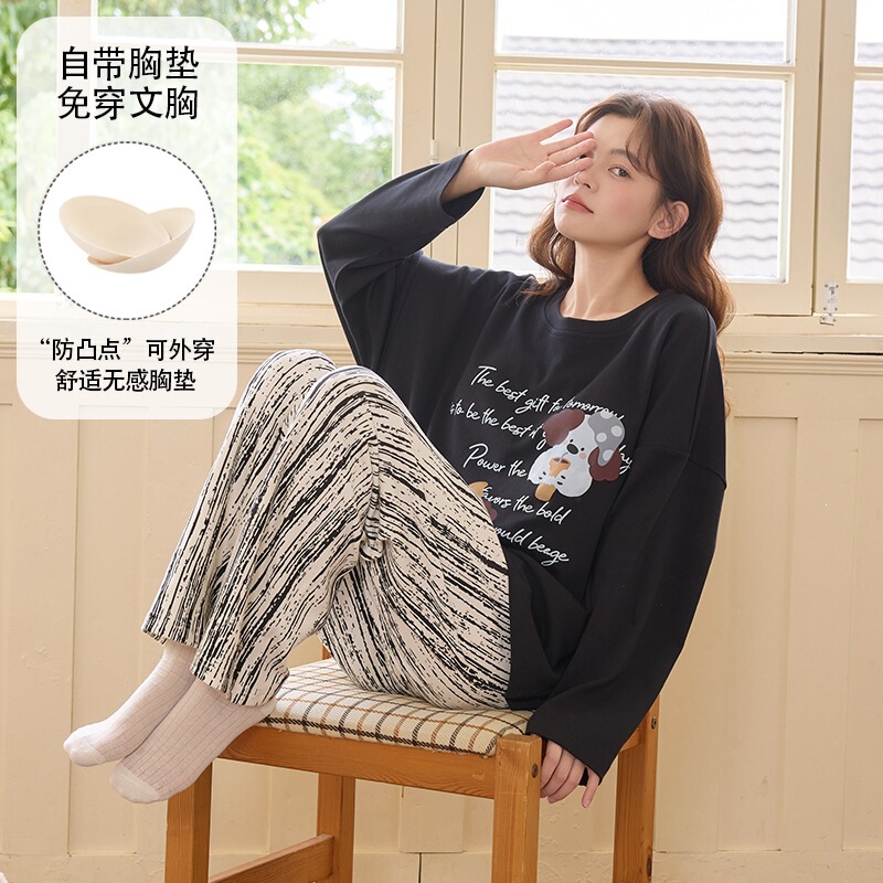 Sweet cartoon pajamas for women, spring and autumn, pure cotton with chest pads, long-sleeved, striped, can be worn outside, anti-bump home wear set Sweet cartoon pajamas for women, spring and autumn, pure cotton with chest pads, long-sleeved, striped, can be worn outside, anti-bump home wear set