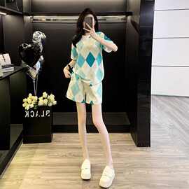 【2025现货】【牛奶丝面料】休闲运动套装女条纹袖短裤大码宽松两