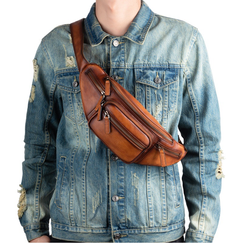 Top Layer Tree Cream Vegetable Tanned Cowhide Vintage Style Casual Chest Bag Waist Bag Dual-purpose Bag