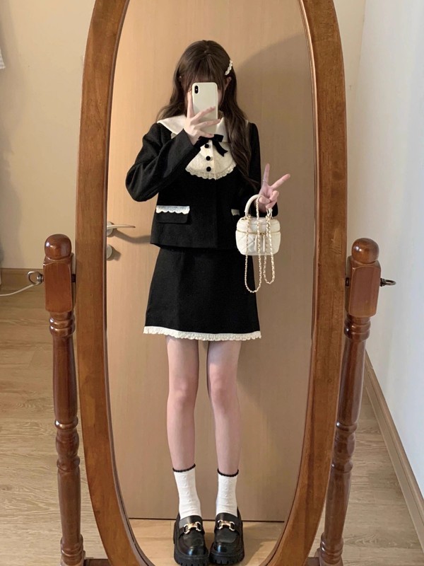 法式千金风蕾丝娃娃领连衣裙女春秋韩剧女主感小洋装两件套装|undefined