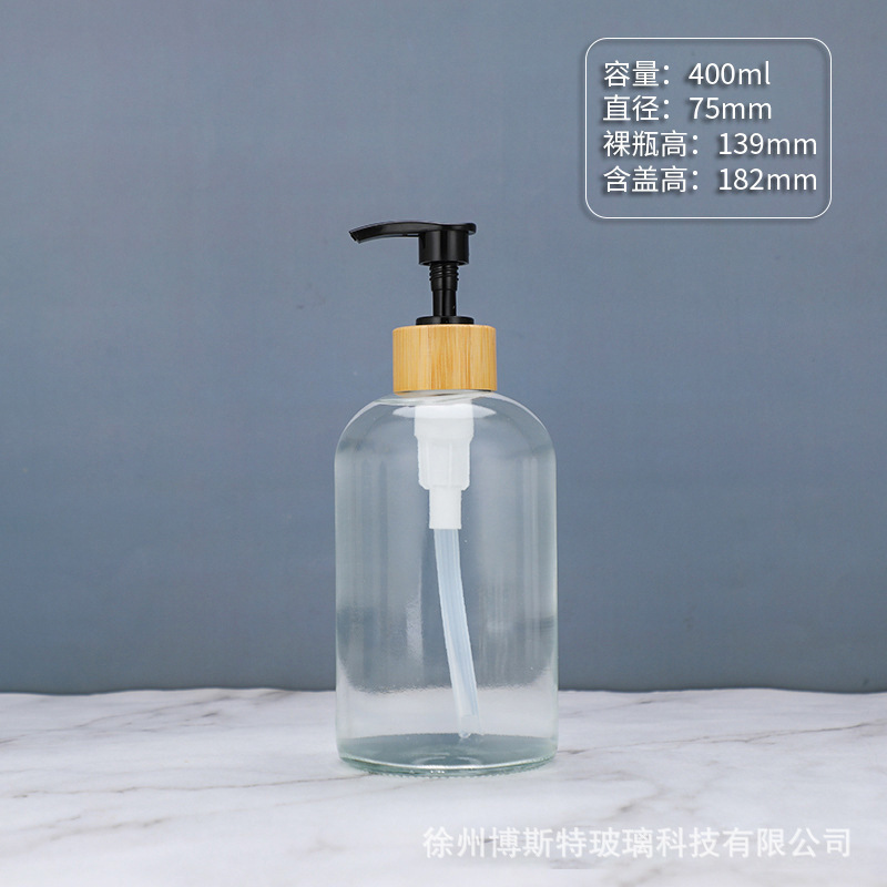 400ml; botella transparente + bomba de presión de bambú y madera; vidrio