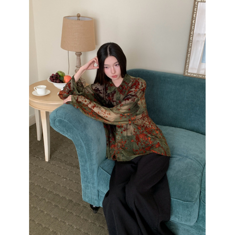 Mesh Flocking Original Design Retro Romantic Transparent Elastic Bottoming Long-Sleeved Shirt for Men and Women