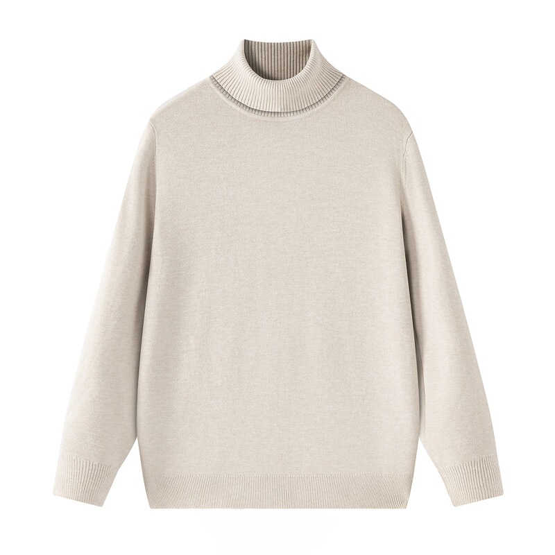 Autumn and winter high-neck knitted sweater for men in oatmeal color, skin-friendly, loose and warm, suitable for layering or wearing as an outer piece