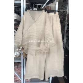 欧货2026春新款慵懒风减龄宽松盘扣领上衣女高腰纯色休闲裤套装