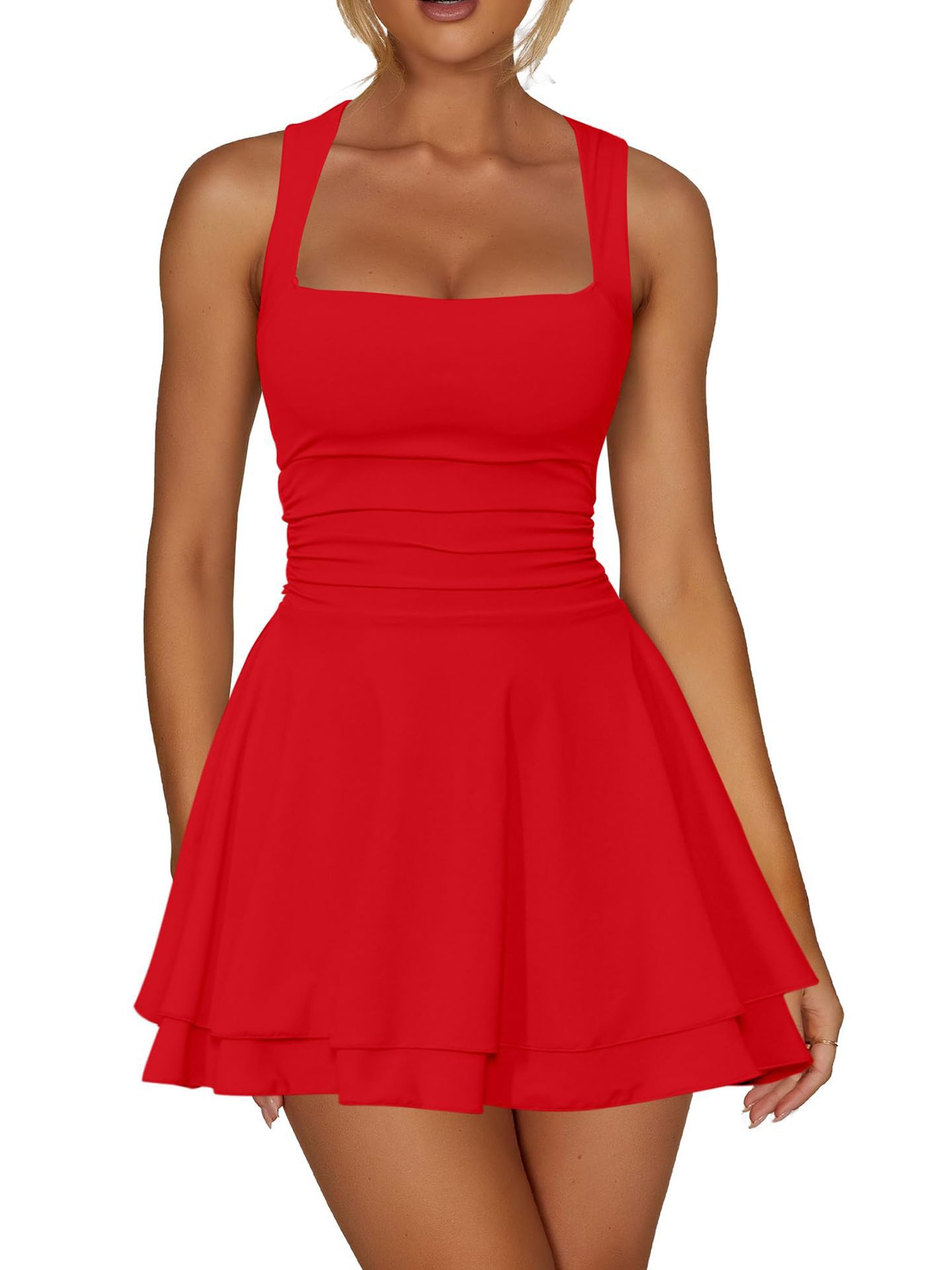 Cross-Border Spring Summer New Square Neck Ruched Strapless Short Hem Waist Mini Party Dress_ecoleips.com