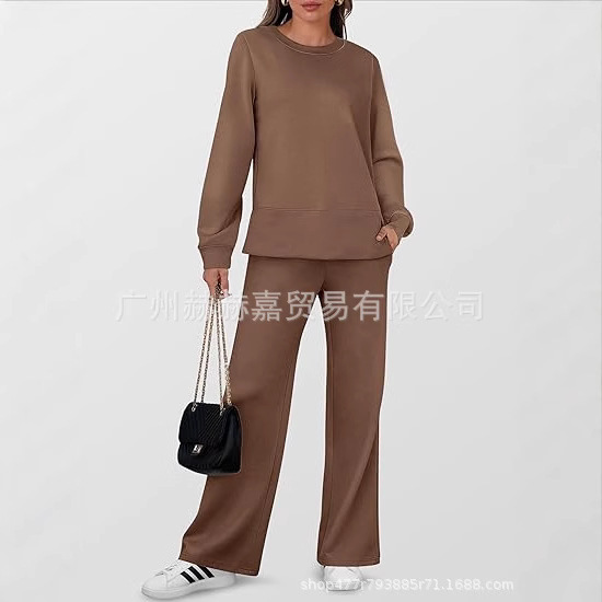 クロスボーダーヨーロッパとアメリカの秋と冬の無地ラウンドネックプルオーバーパンツ婦人服ファッションカジュアル長袖スウェットシャツスーツ新製品|undefined